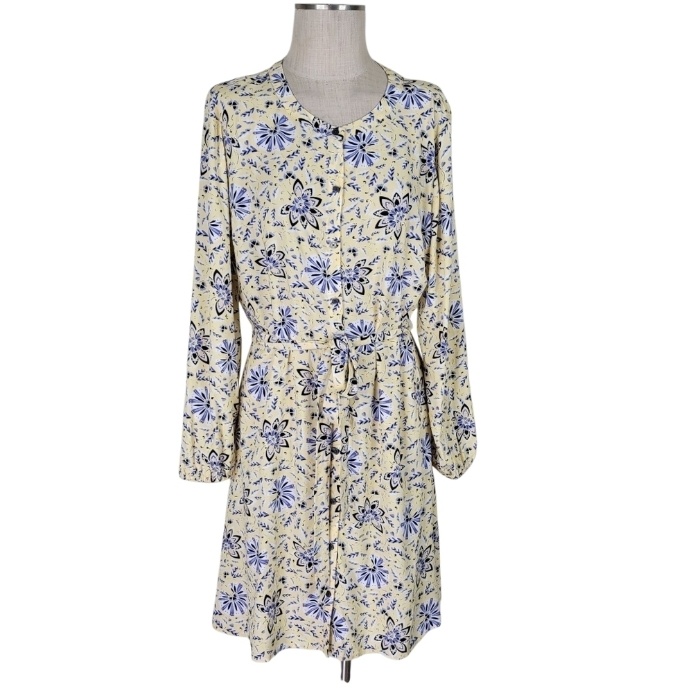 Loft Outlet Shift Dress Size 14 Yellow Blue Floral Button Front Belted Summer - Picture 2 of 12